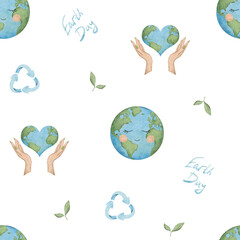 Seamless pattern of Happy Earth Day. International Mother Earth Day design. Watercolor hand drawn illustration for fabric, textile, wallpaper, packaging. Recycling, upcycling and downcycling signs