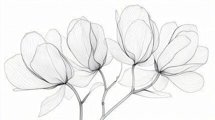 Obraz premium A minimalist black and white floral line drawing on a pure white background, designed for elegant collage artwork with a calm and balanced aesthetic. 