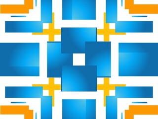 Modern geometric pattern with blue squares and yellow accents on a white background.