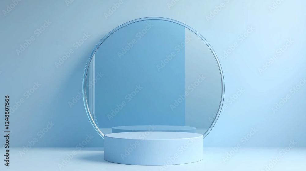 Poster showcasing a sleek blue podium complemented by a circular glass backdrop, this setup creates a tranq
