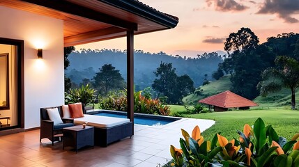 Serene outdoor living space with a pool at sunset, surrounded by lush greenery and hills