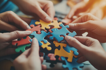 Teamwork and collaboration concept depicted through hands assembling colorful jigsaw puzzle pieces on a table