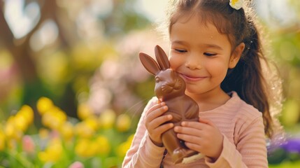 Charming Moment With Chocolate Bunny Outdoors