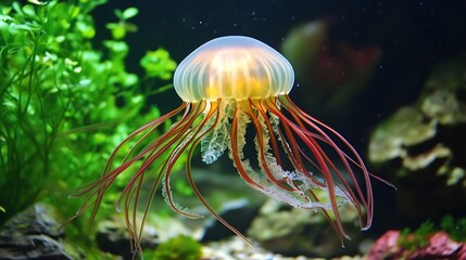 Fototapeta premium Aquarium jellyfish, red tentacles, plants, dark background, marine life