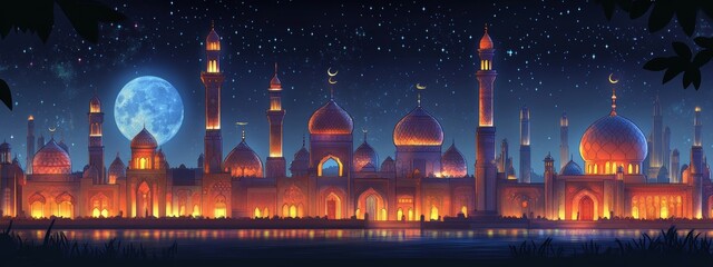 Nighttime Islamic Cityscape, Moonlit Waterfront, Festive