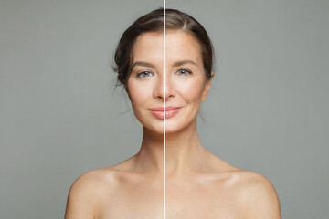 Elegant young model woman and mature woman. Two female faces collage set.