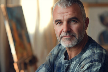 Obraz premium Generative AI depiction of a focused artist painting a vibrant canvas in a creative studio