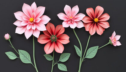 Black paper flowers on Black background. Cut from paper, watercolor. with white shades