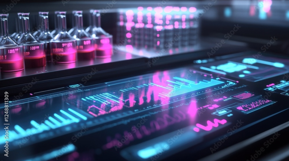 Poster high tech laboratory showcasing a futuristic digital interface displaying scientific data analysis. 