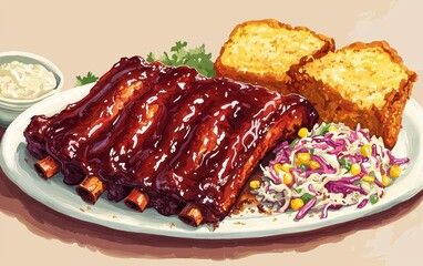 Obraz premium BBQ ribs with a sticky glaze, coleslaw, and cornbread, set on a pastel beige background