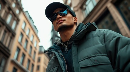 Man in jacket and sunglasses wearing asian streetwear in realistic photography with copy space
