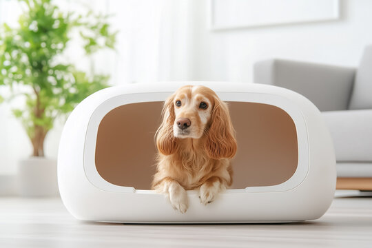 A golden retriever relaxing in a sleek white doghouse surrounded by a modern living room with light-colored furnishings. Fresh plants add a welcoming touch