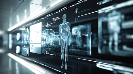 Obraz premium Advanced digital interface showcasing human anatomy and brain scans in a high tech laboratory setting, highlighting futuristic medical technology and data visualization