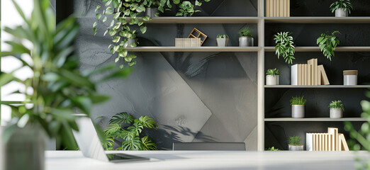Dark home office background for video calls. Minimalist workspace with a black wall for virtual meetings. Professional office backdrop for online conferencing.
