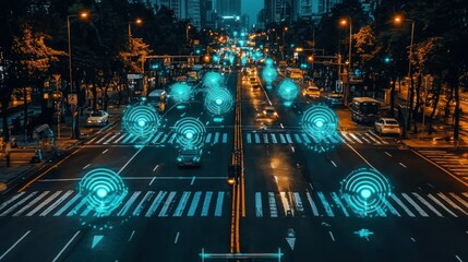 Night city street, self-driving cars, data visualization, traffic flow