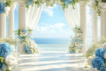 A Mediterranean wedding altar with white columns, flowing silk, and floral arrangements of hydrangeas and roses, set on a marble terrace with a turquoise sea view
