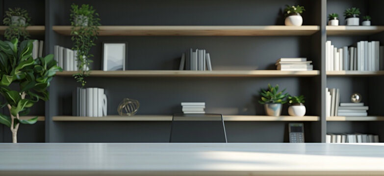 Office interior backdrop for online meetings. Dark home office setting with black wall background. Minimalist online workspace aesthetics. Video conferencing room design.
