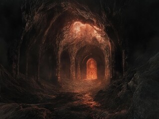 Volcanic cave tunnel entrance, fiery glow, dark background, fantasy game
