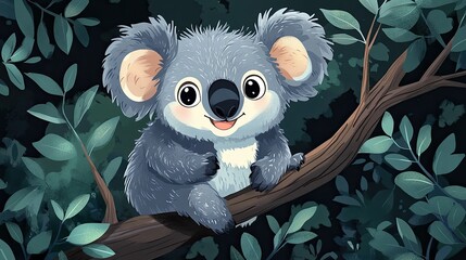 Cute cartoon koala sitting on a tree branch in a lush green forest at night, smiling happily