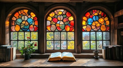 Serene Autumnal Library Window with Stained Glass and Open Book
