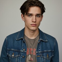Obraz premium Casual Portrait of Young Man in Denim Jacket with Vintage Graphic T-Shirt