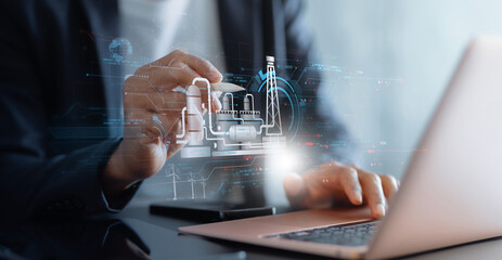 Analyst working with Business, Concept digital transformation technology strategy, Analytics and Data Management System on computer, make a report with KPI and metrics connected to database.