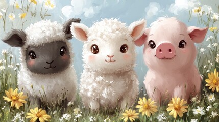 Three adorable cartoon animals, a black sheep, a white sheep, and a pink piglet, sitting in a flower-filled meadow under a bright blue sky