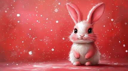 Adorable fluffy rabbit with pink accents sitting against a vibrant red snowy background