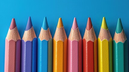 A vibrant arrangement of colored pencils on a bright blue background, ideal for art projects