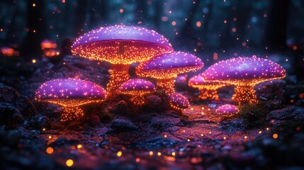 Glowing purple mushrooms illuminate a forest stream at twilight, creating a magical atmosphere