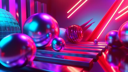 Geometric shapes, some with a metallic finish, in a pink and blue environment, illuminated by neon lights.