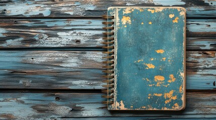 A weathered blue notebook resting on rustic wooden planks, evoking creativity and nostalgia
