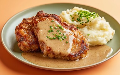 Buttermilk fried pork chops with mashed potatoes and gravy, presented on a pastel orange background