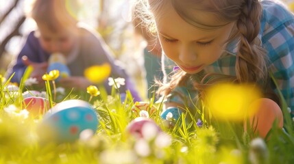 Young Children Enjoying Easter Egg Hunt In Nature