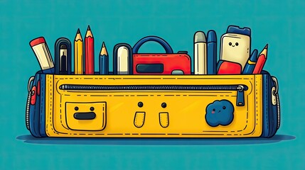 Colorful pencil case filled with various stationery items against a vibrant blue background