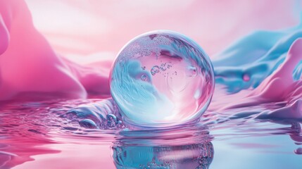 Surreal crystal sphere floating on a liquid surface
