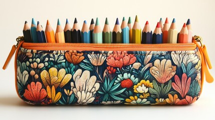 Colorful pencil case filled with vibrant colored pencils against a neutral background
