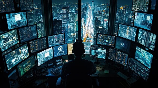 Night city view from office, hacker monitoring screens