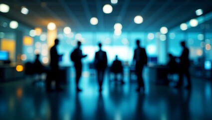 An abstract image showcasing motion-blurred silhouettes of people walking in a modern office environment. The scene is illuminated by contrasting blue and yellow light panels, creating a dynamic and f
