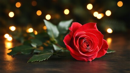 A Single Red Rose Under Festive Lights