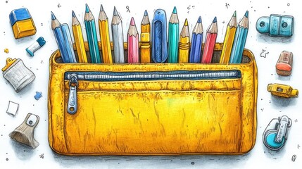 A vibrant collection of colored pencils in a yellow pencil case surrounded by stationery items