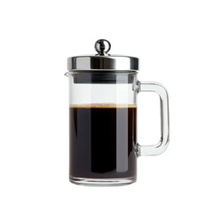 Coffee French press with dark brew, isolated on white background.