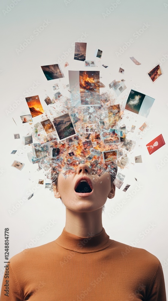 Poster Conceptual illustration of a person experiencing mental overload, with a burst of images and thoughts exploding from the head, symbolizing stress, burnout, and information overload