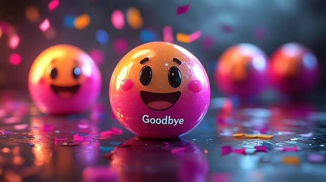 Colorful and cheerful farewell balls with smiley faces and confetti, conveying joy and celebration. Ideal for concepts of goodbyes, happiness, and festive events.
