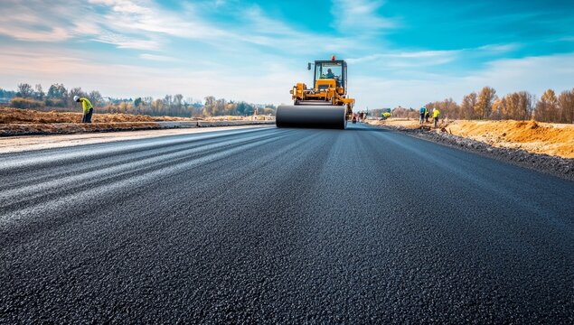 Road construction Asphalt roller compacts new road surface, workers on-site, autumn landscape