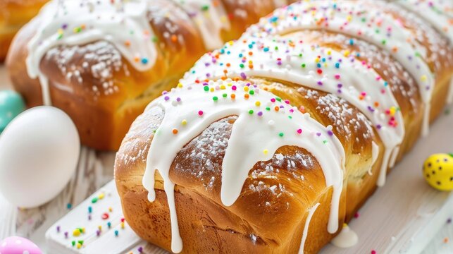 Delicious Breads With Icing And Colorful Eggs