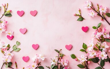 Fototapeta premium Chic mockup background with space for text featuring delicate heart patterns combined with a watercolor floral arrangement for Saint Valentines Day and 8 March International Womens Day