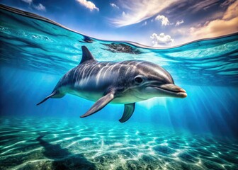 Fototapeta premium Stunning dolphin photography captures the marine mammal's grace in the ocean's blue depths.