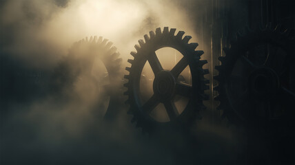 霧がかった背景に浮かぶ歯車のシルエット &ndash; SF的世界観を描く幻想的なビジュアル