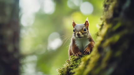 Naklejka premium Curious red squirrel perched on a mossy tree branch observing its surroundings in a dense forest filled with greenery and natural light. This charming sight captures the essence of wildlife